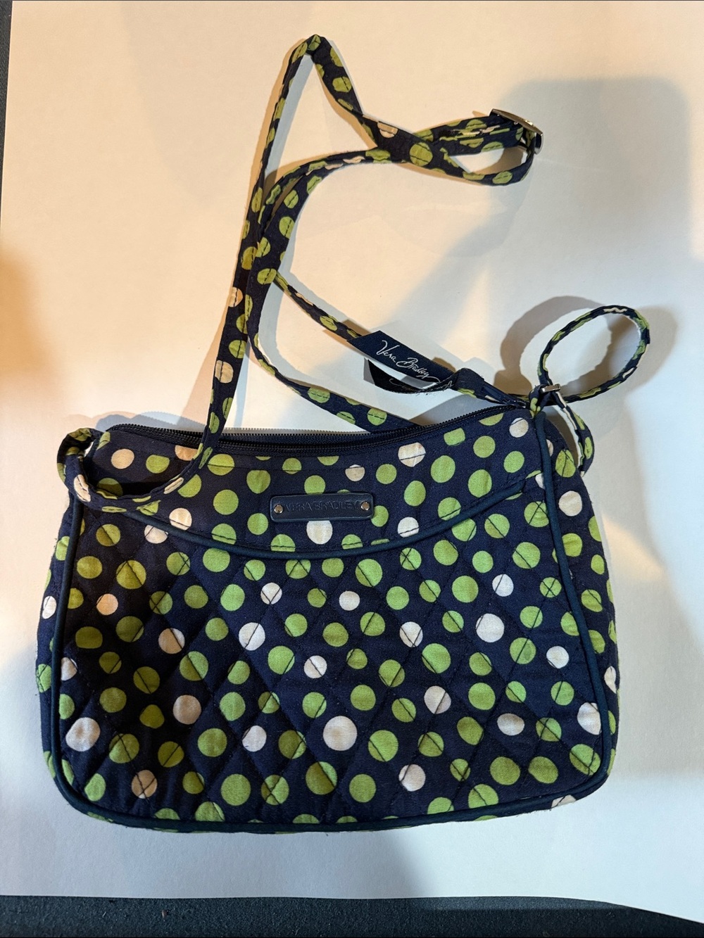 Vera Bradley Navy Crossbody with Lime Green and White Polka Dots